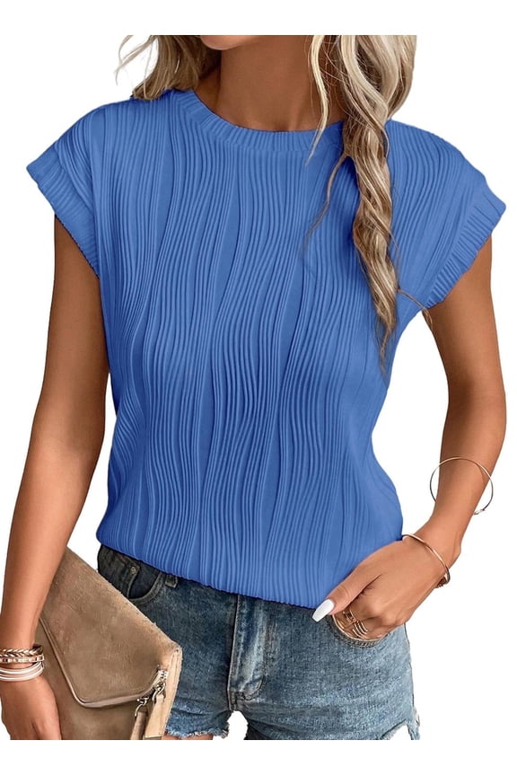 Womens Basic Tops Short Sleeve Crewneck Textured Knit T Shirts Casual Loose Solid T-Shirts Summer Blouses