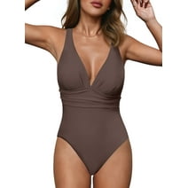 SHEWIN Womens Bathing Suits One piece Sexy V Neck Swimsuits Solid Color Tummy Control Crisscross Back Athletic Swimwear Brown S