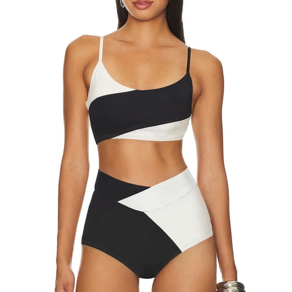 SHEWIN High Waisted Bikini Set 2 Piece Swimsuit for Women Color Block Spaghetti Straps Bathing Suits Summer Beach Outfits