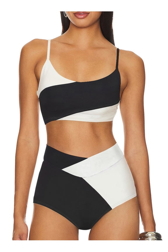 High Waisted Bikini Set 2 Piece Swimsuit for Women Color Block Spaghetti Straps Bathing Suits Summer Beach Outfits