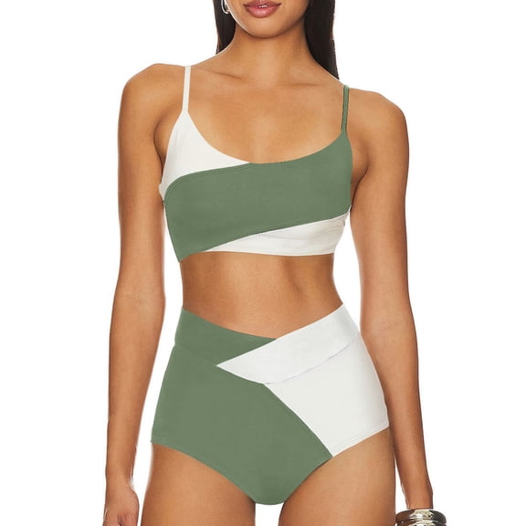 SHEWIN Womens Swimsuits Bikini Set 2 Piece Color Block High Waisted Spaghetti Straps Bathing Suits Summer Beach Outfits