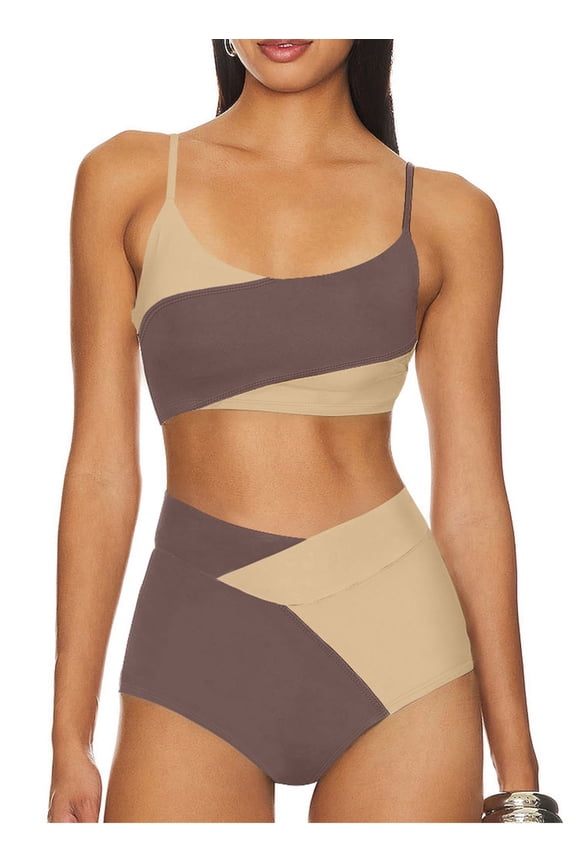 High Waisted Bikini Set 2 Piece Swimsuit for Women Color Block Spaghetti Straps Bathing Suits Summer Beach Outfits