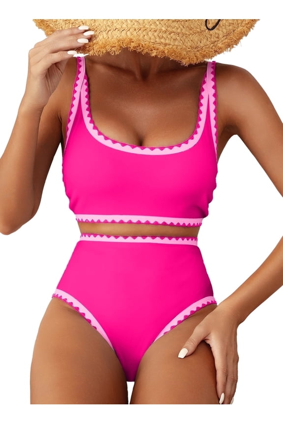 Womens Bikini Set 2 Piece High Waisted Color Block Swimsuit Spaghetti Straps Bathing Suits Summer Beach Outfits