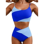 SHEWIN Womens Bikini Set 2 Piece High Waisted Color Block Swimsuit Spaghetti Straps Bathing Suits Summer Beach Outfits