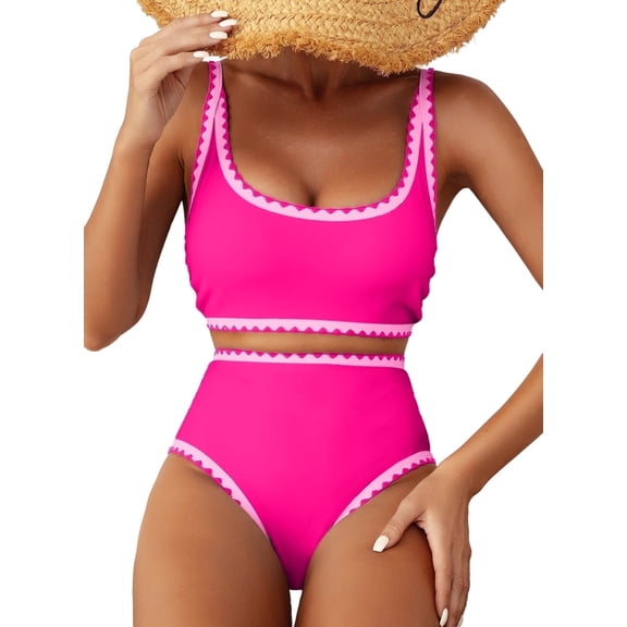 SHEWIN Womens Bikini Set 2 Piece High Waisted Color Block Swimsuit Spaghetti Straps Bathing Suits Summer Beach Outfits