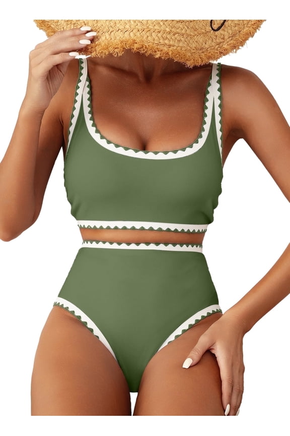 Womens Bikini Set 2 Piece High Waisted Color Block Swimsuit Spaghetti Straps Bathing Suits Summer Beach Outfits