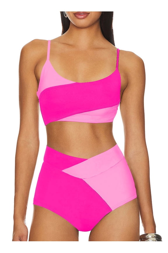 High Waisted Bikini Set 2 Piece Swimsuit for Women Color Block Spaghetti Straps Bathing Suits Summer Beach Outfits