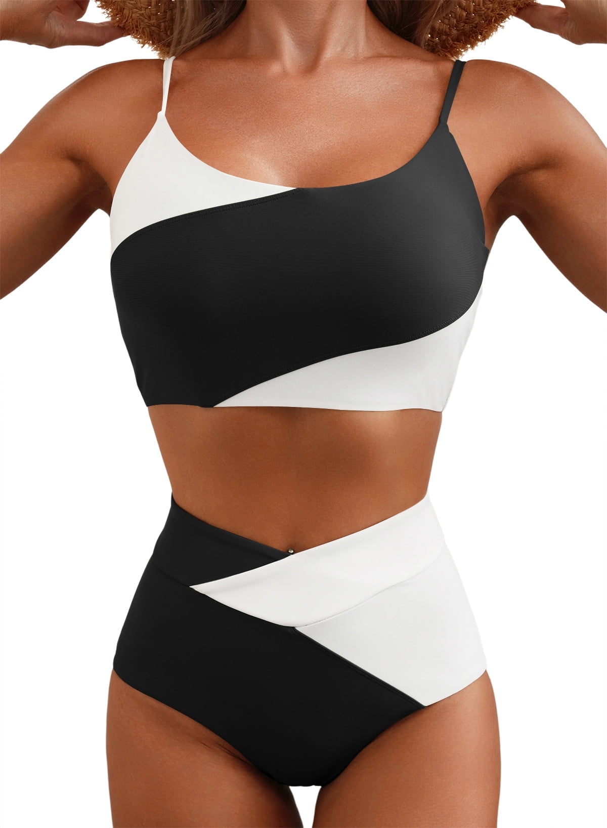 Womens Bikini Set 2 Piece High Waisted Color Block Swimsuit Spaghetti Straps Bathing Suits Summer Beach Outfits