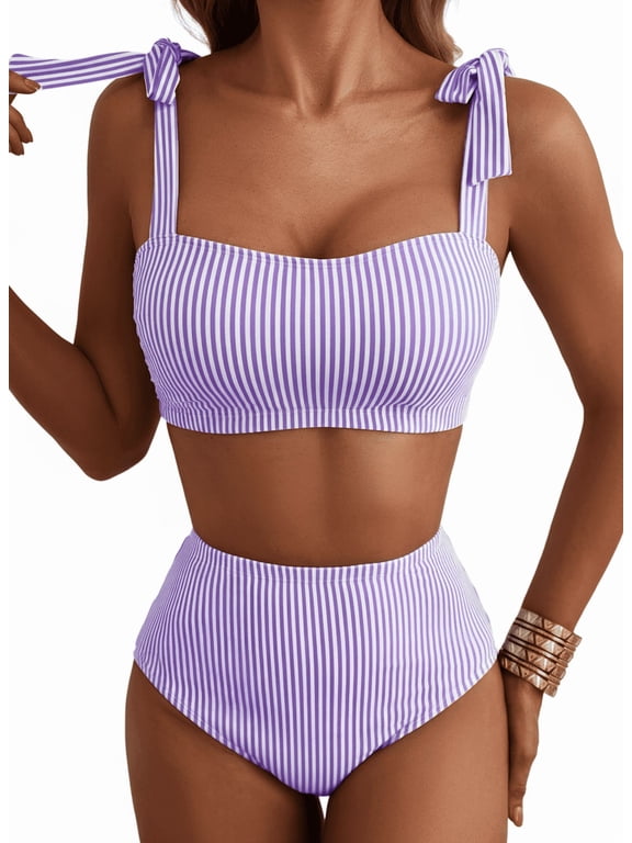 Bikinis for Women 2 Piece Striped Adjustable Tie Shoulder Swimsuits High Waisted Quick Dry Soft Bathing Suits Slimming Beach Swimwear