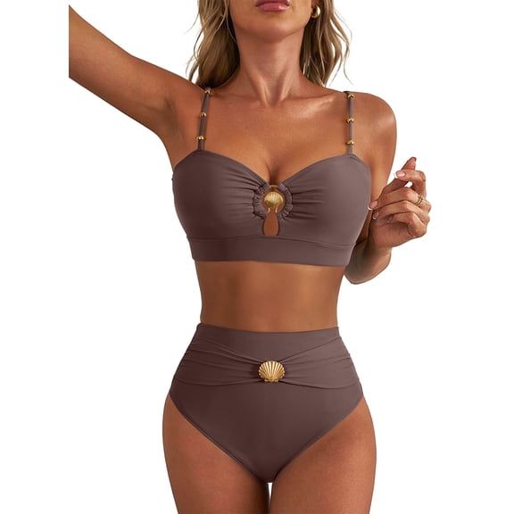 SHEWIN Womens Swimsuits Bathing Suits 2 Piece Bikini Sets High Waisted Cut Out Modest Swimsuit Full Coverage Beach Outfits Brown L