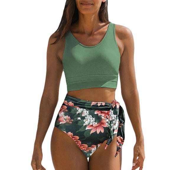 SHEWIN Womens Bikini Swimwear Set 2 Piece Swimsuits High Waisted Bathing Suits Floral Print Racerback Tops with Bottom