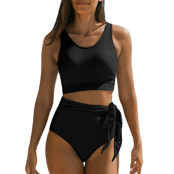 SHEWIN Womens Bikini Swimwear Set 2 Piece Swimsuits High Waisted Bathing Suits Racerback Tops with Bottom Black US 16-18