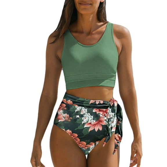 SHEWIN Womens Bikinis Swimsuit Floral Print Two Piece Bathing Suits Summer Racerback Push Up Swimwear Green US 12-14
