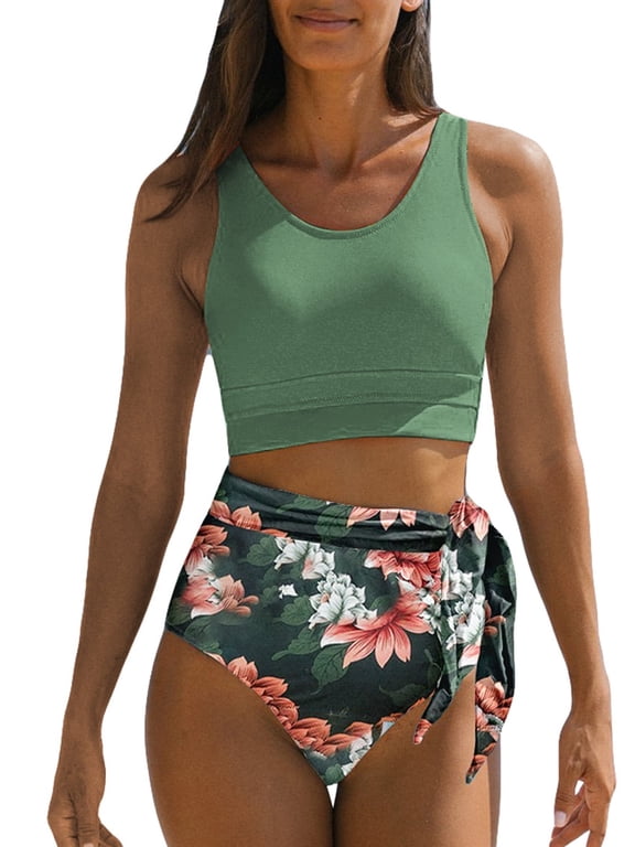 Womens Bikinis Swimsuit Floral Print Two Piece Bathing Suits Summer Racerback Push Up Swimwear Green US 12-14
