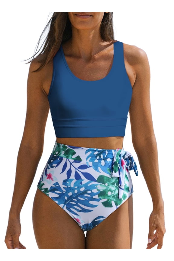 Womens Bikinis Swimsuit Two Piece Bathing Suits Summer Racerback Push Up Swimwear Scoop Neck Tops with Floral Print Bottom Blue US 12-14