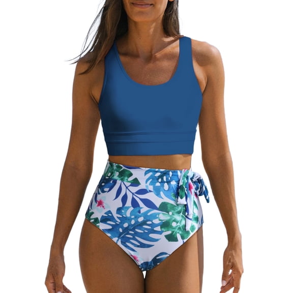 SHEWIN Womens Bikinis Swimsuit Two Piece Bathing Suits Summer Racerback Push Up Swimwear Scoop Neck Tops with Floral Print Bottom Blue US 12-14