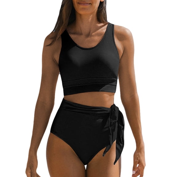 SHEWIN Womens Bikinis Swimwear Set 2 piece Bikinis Shoulders Push Up Bathing Suits Summer Racerback Solid Color Swimsuit Black US 2-4