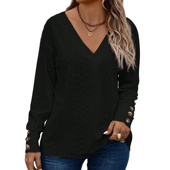 SHEWIN Womens Blouse Plus Size Tops Lace V Neck Long Sleeve T Shirts Dressy Eyelet Embroidered Tunics Top Spring Fall Blouses Black 5X