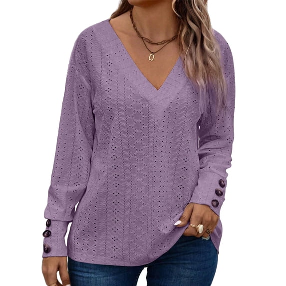 SHEWIN Womens Blouse Plus Size Tops Lace V Neck Long Sleeve T Shirts Dressy Eyelet Embroidered Tunics Top Spring Fall Blouses Purple 4X