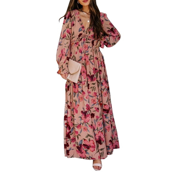 SHEWIN Womens Boho Floral Print Dress Summer Maxi Dresses Flowy Casual Long Sleeve Beach Party Swing Long Dress M