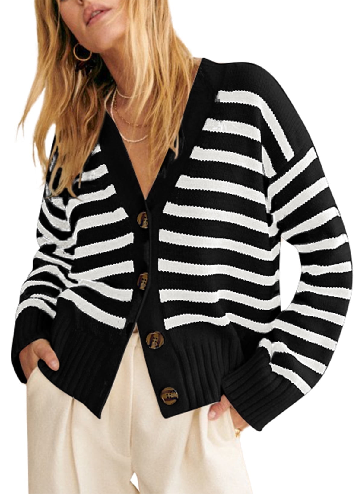 SHEWIN Womens Cardigan Casual Button Down Color Block Striped V Neck ...