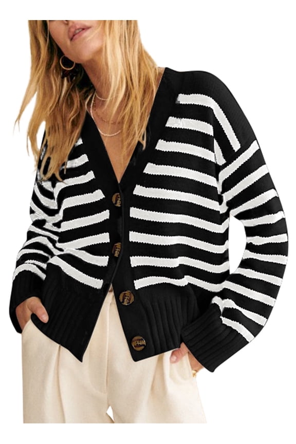 Womens Cardigan Casual Button Down Color Block Striped V Neck Open Front Knit Fall Sweaters Black Stripe