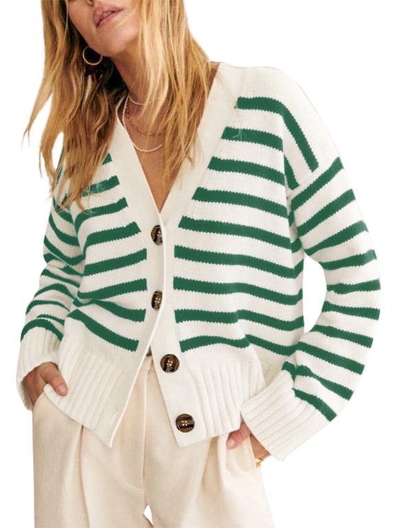 Womens Cardigan Casual Button Down Color Block Striped V Neck Open Front Knit Fall Sweaters Green Stripe