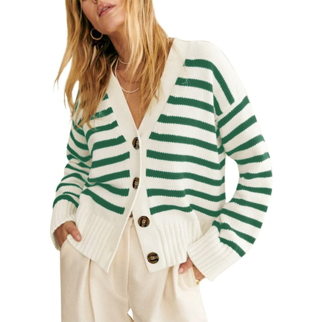 SHEWIN Womens Cardigan Casual Button Down Color Block Striped V Neck Open Front Knit Fall Sweaters Green Stripe