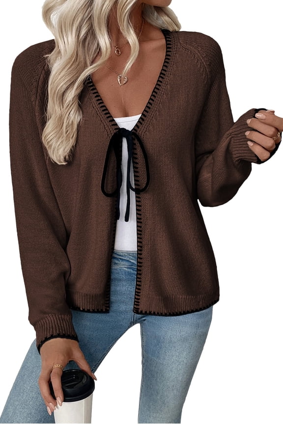 Womens Cardigan Sweaters Fashion V Neck Open Front Bow Tie Knit Chunky Long Sleeve Sweater Lightweight Fall Outerwear
