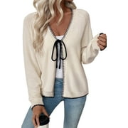 SHEWIN Womens Cardigan Sweaters Fashion V Neck Open Front Bow Tie Knit Chunky Long Sleeve Sweater Lightweight Fall Outerwear