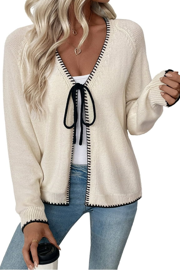Womens Cardigan Sweaters Fashion V Neck Open Front Bow Tie Knit Chunky Long Sleeve Sweater Lightweight Fall Outerwear