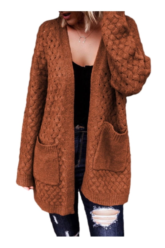 Womens Cardigans Open Front Oversized Cardigan Sweaters Long Sleeve Chunky Cable Knit Fall Outwear Coat with Pockets Brown