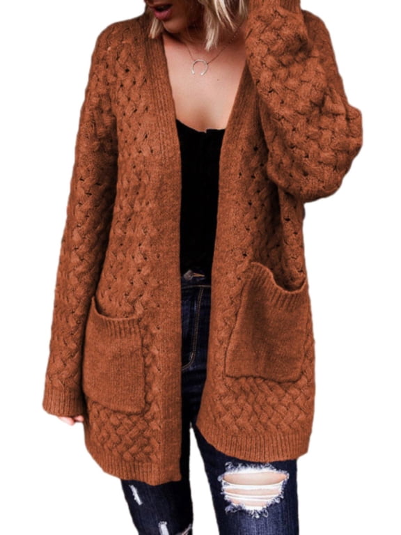 Womens Cardigans Open Front Oversized Cardigan Sweaters Long Sleeve Chunky Cable Knit Fall Outwear Coat with Pockets Brown