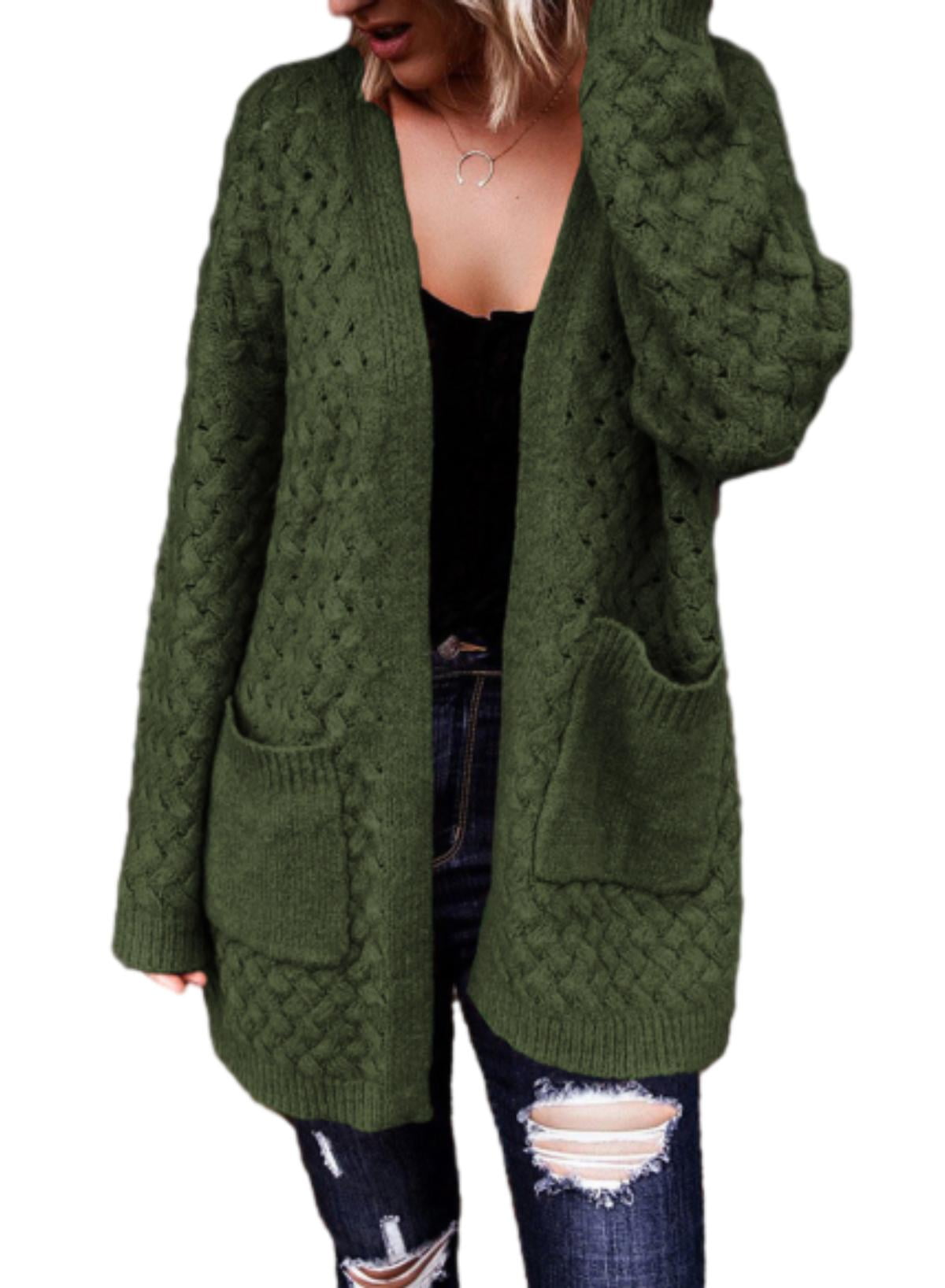 Womens Cardigans Sweaters Oversized Open Front Cardigan Long Sleeve Chunky Cable Knit Fall Winter Outwear Coat with Pockets Green S-2XL