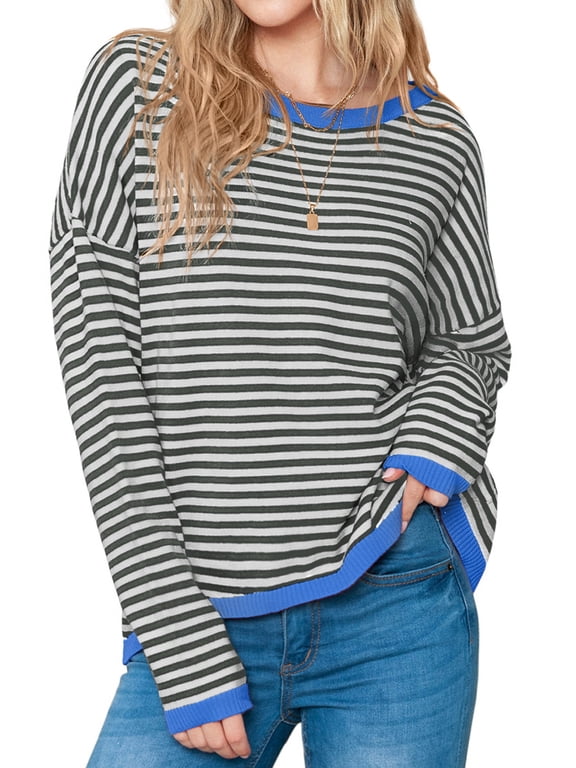 Womens Cotton Sweater Stripe Thin Knit Pullover Tops Lightweight Long Sleeve Shirts Blue XL