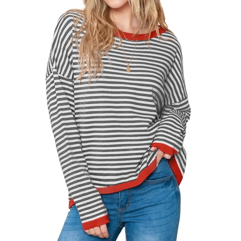 Womens Cotton Sweater Stripe Thin Knit Pullover Tops Lightweight Long Sleeve Shirts M