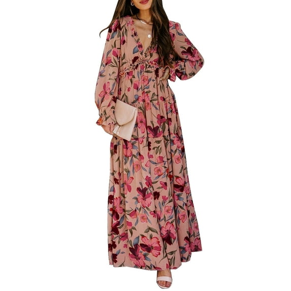 SHEWIN Womens Dresses Boho Floral Print Casual Deep V Neck Long Sleeve Evening Wedding Maxi Dress S-XL