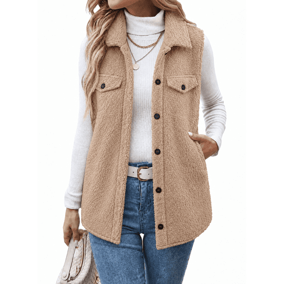 SHEWIN Womens Fleece Vest Sherpa Jackets Button Down Sleeveless Long Vest Winter Fall Warm Coat Outerwear