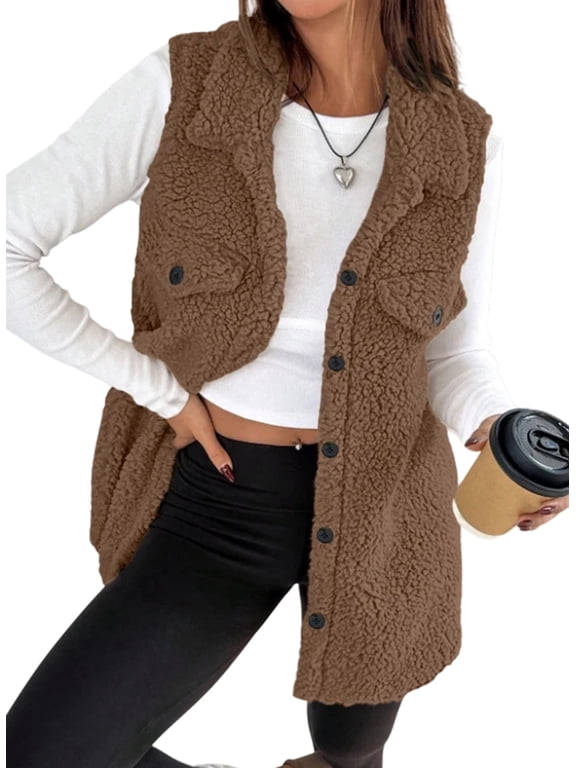 Womens Fleece Vest Sherpa Jackets Button Down Sleeveless Long Vest Winter Fall Warm Coat Outerwear
