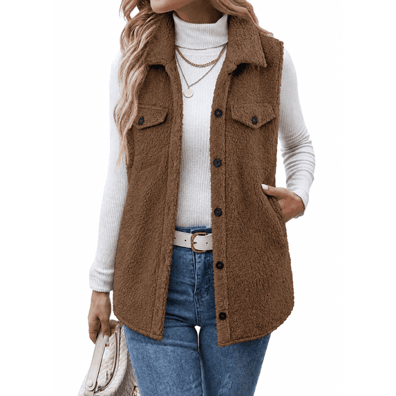 SHEWIN Womens Fleece Vest Sherpa Jackets Button Down Sleeveless Long Vest Winter Fall Warm Coat Outerwear