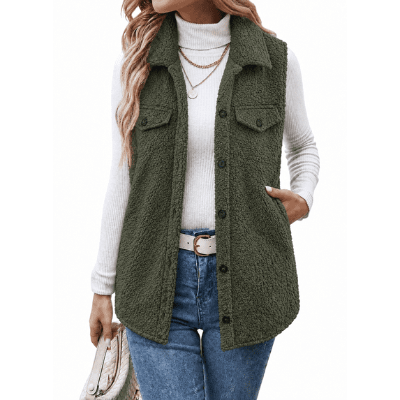 SHEWIN Womens Fleece Vest Sherpa Jackets Button Down Sleeveless Long Vest Winter Fall Warm Coat Outerwear