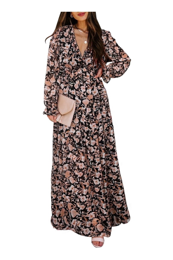 Womens Floral Maxi Dress Casual Deep V Neck Long Sleeve Long Evening Dress Cocktail Party Wedding Dresses L