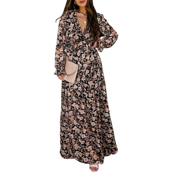 Womens Floral Maxi Dress Casual Deep V Neck Long Sleeve Long Evening Dress Cocktail Party Wedding Dresses L