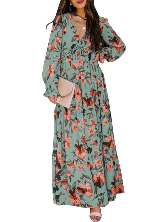 Womens Floral Maxi Dress Casual Deep V Neck Long Sleeve Long Evening Dress Cocktail Party Wedding Dresses S
