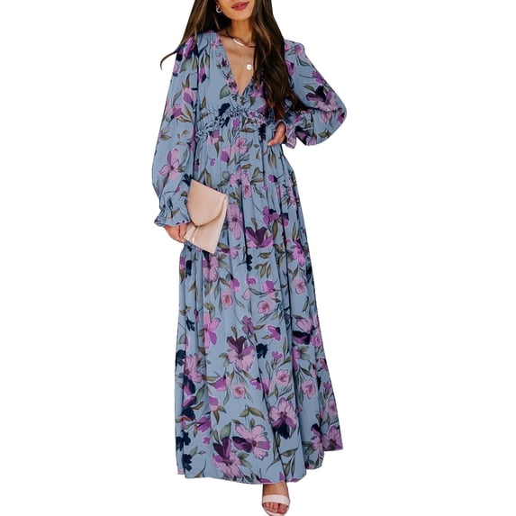 SHEWIN Womens Floral Maxi Dress Casual Deep V Neck Long Sleeve Long Evening Dress Cocktail Party Wedding Dresses S