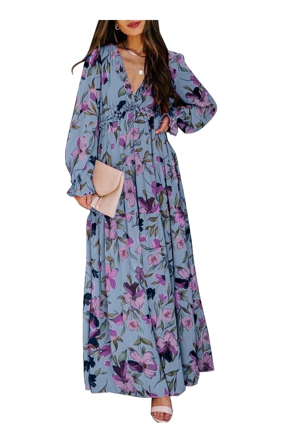 Womens Floral Maxi Dress Casual Deep V Neck Long Sleeve Long Evening Dress Cocktail Party Wedding Dresses S