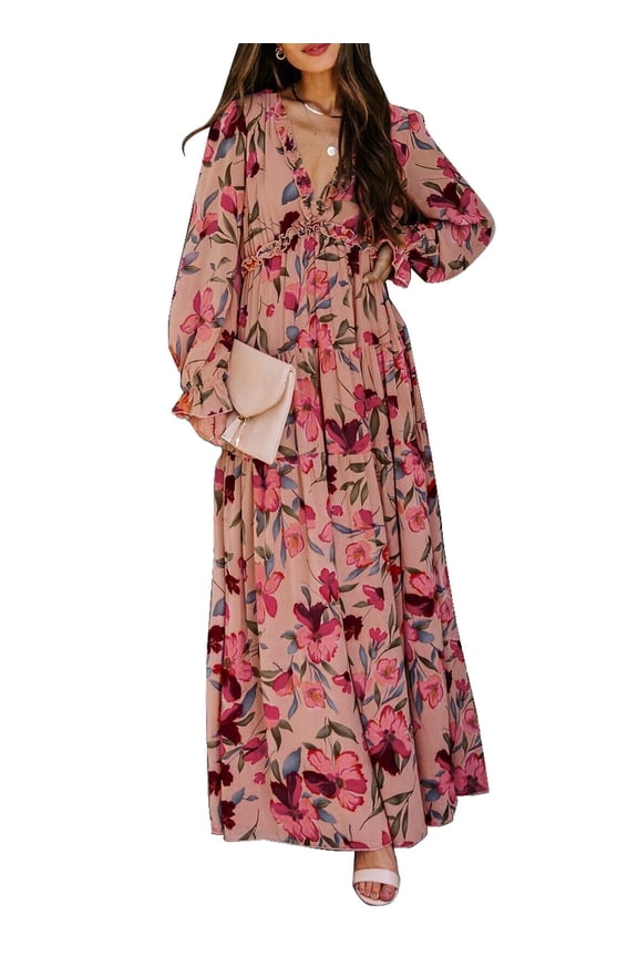 Womens Floral Maxi Dress Casual Deep V Neck Long Sleeve Long Evening Dress Cocktail Party Wedding Dresses