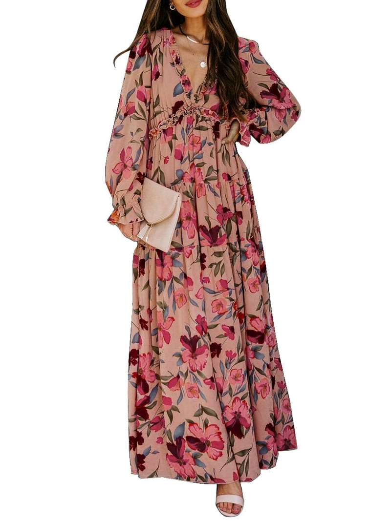 SHEWIN Womens Floral Maxi Dress Casual Deep V Neck Long Sleeve