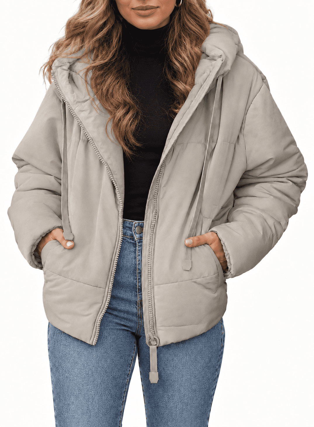 Womens Hooded Puffer Jacket Full Zipper Short Coat with Pockets Winter Warm Outerwear Petite