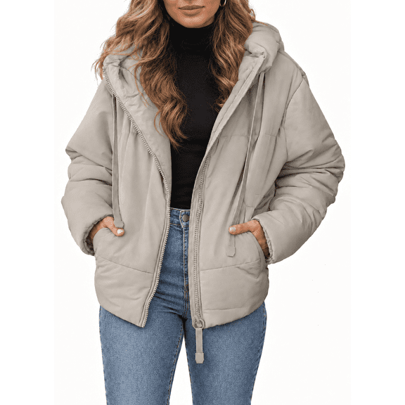 SHEWIN Womens Hooded Puffer Jacket Full Zipper Short Coat with Pockets Winter Warm Outerwear Petite